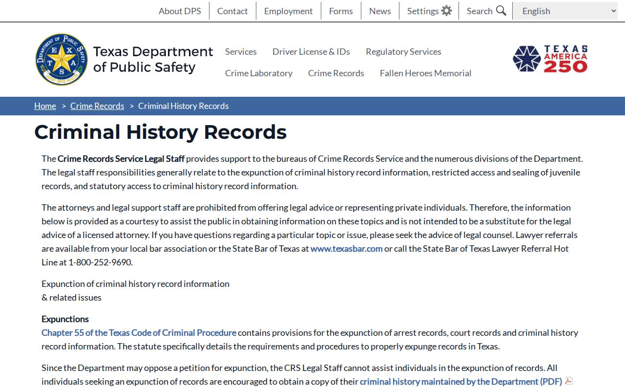 Texas DPS guidance for Ellis County criminal history records