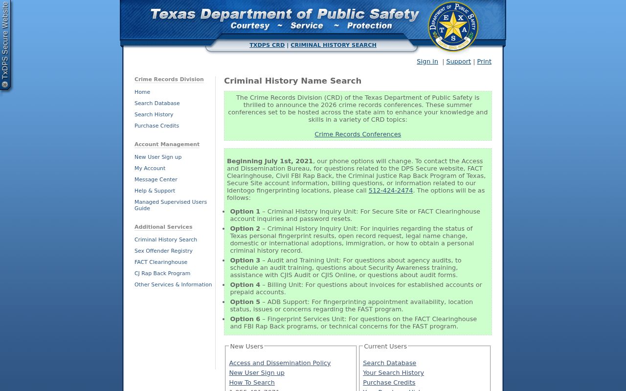 Ellis County criminal history access through the Texas DPS name search